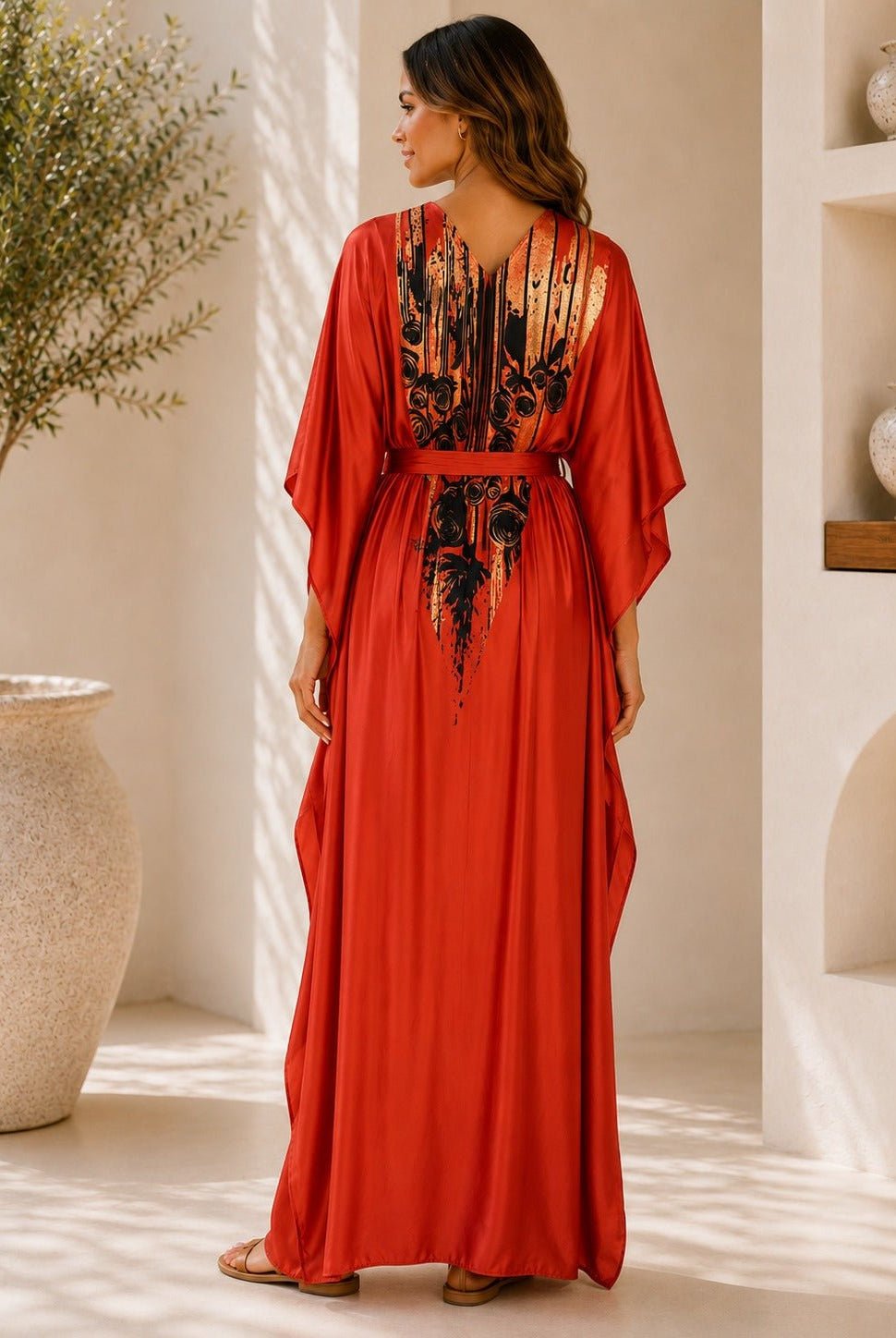 Ladies New Feeling Orange Satin Printed Kaftan - StylePhase SA