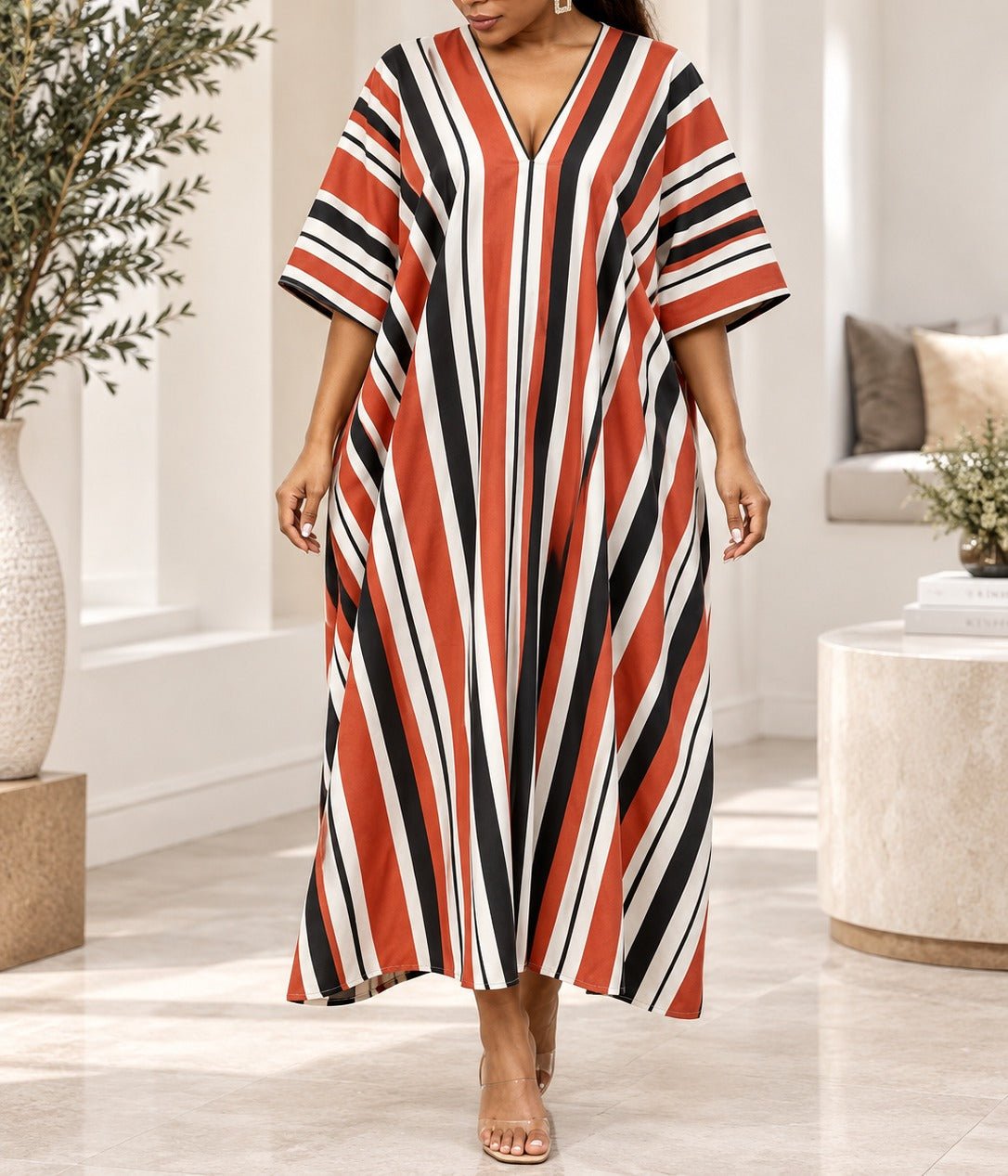 Ladies New Feeling Red And Black Stripe Maxi Kaftan - StylePhase SA