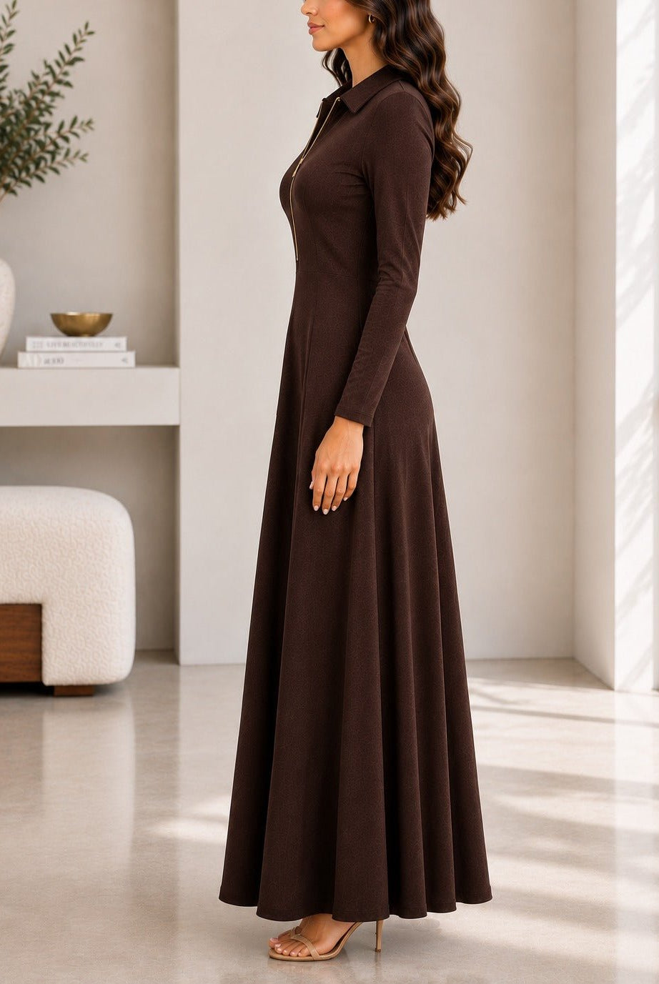 Ladies New Feeling Rib Zip Front Dress-Dark Brown - StylePhase SA
