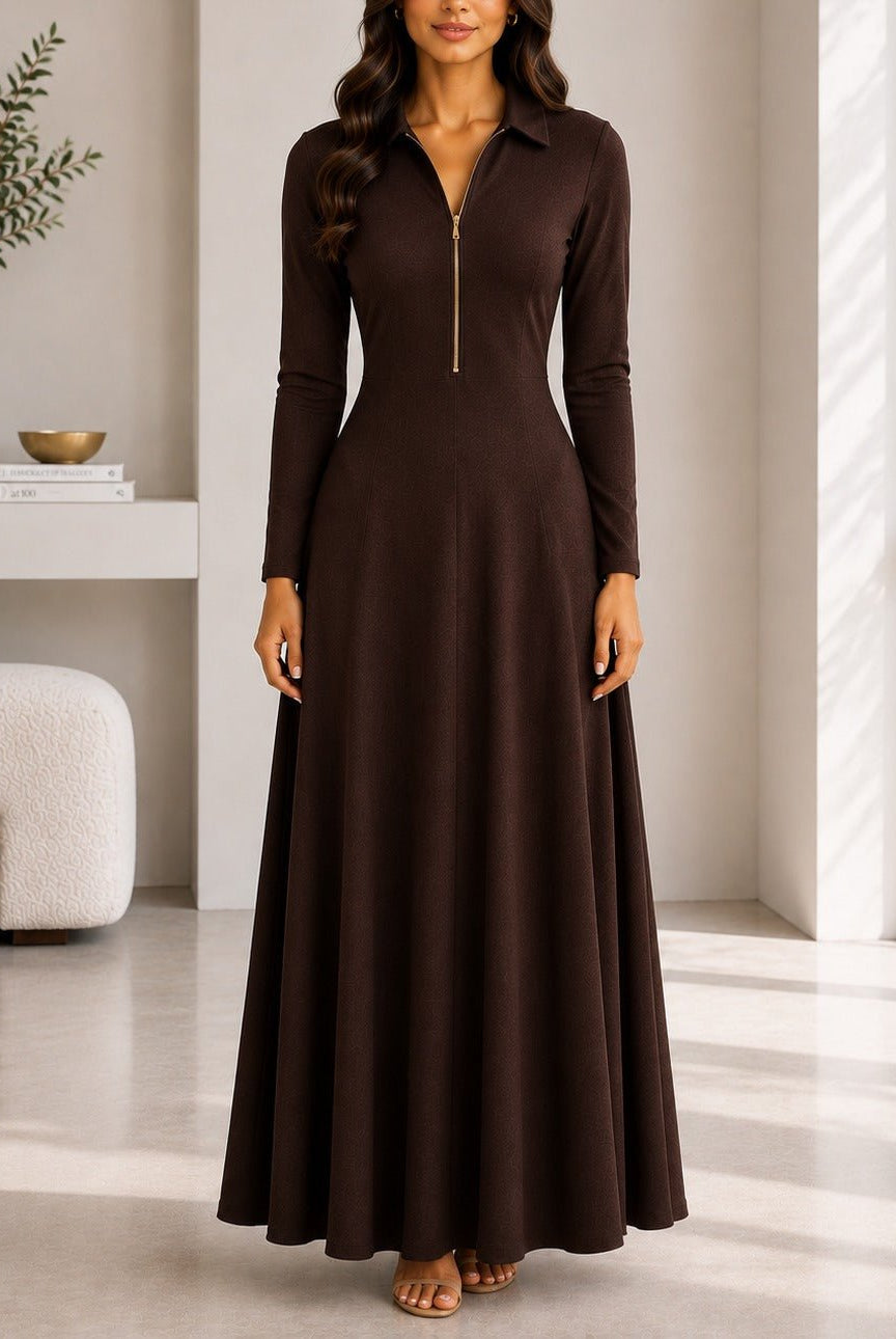 Ladies New Feeling Rib Zip Front Dress-Dark Brown - StylePhase SA