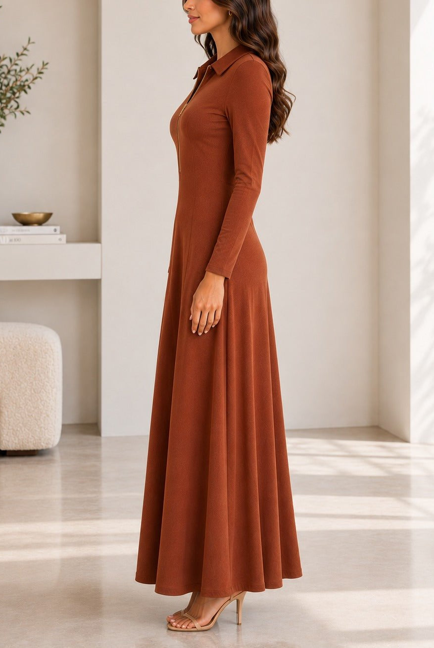 Ladies New Feeling Rib Zip Front Dress-Rust - StylePhase SA