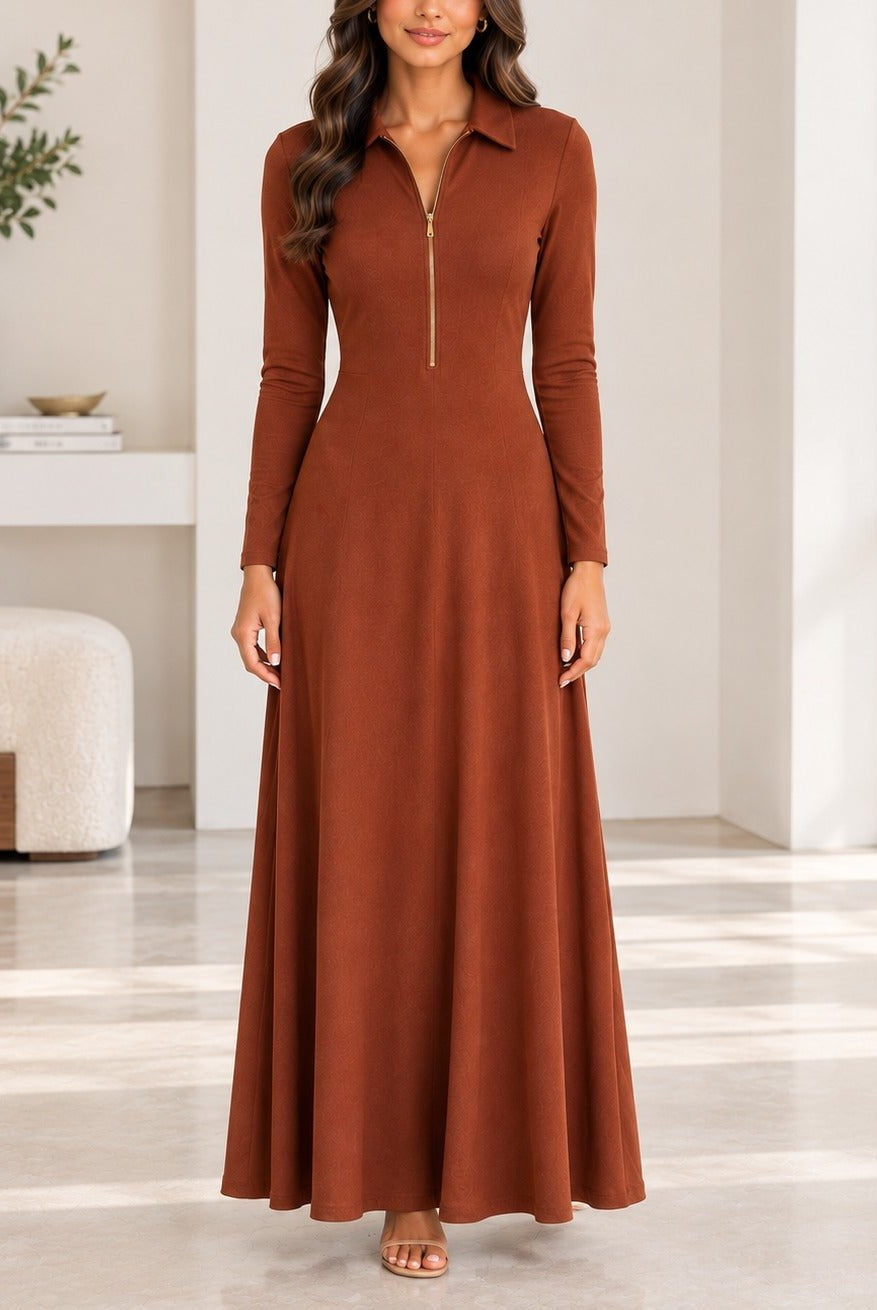 Ladies New Feeling Rib Zip Front Dress-Rust - StylePhase SA