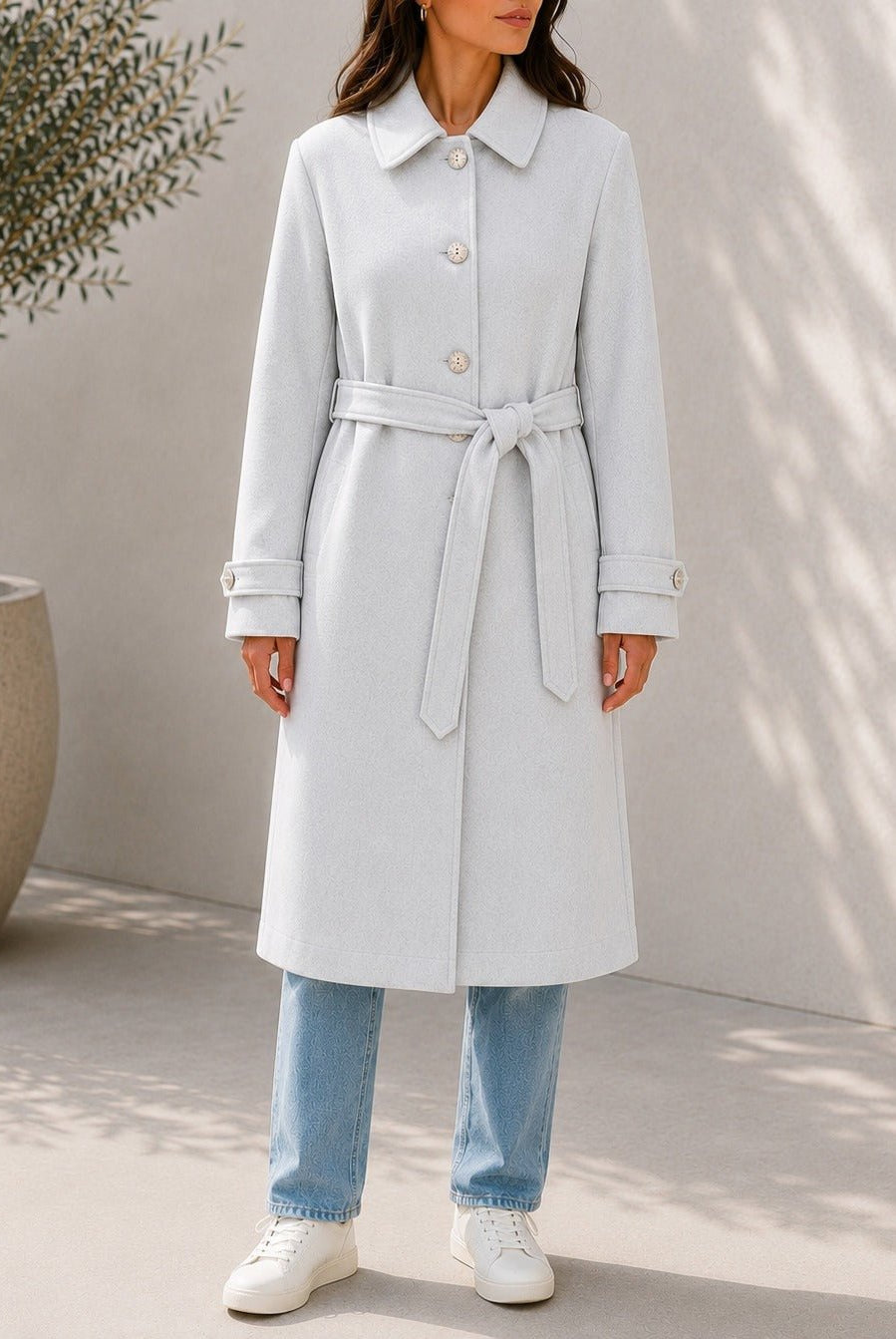 Ladies Oatmeal Pleated Button Detail Melton Coat - StylePhase SA