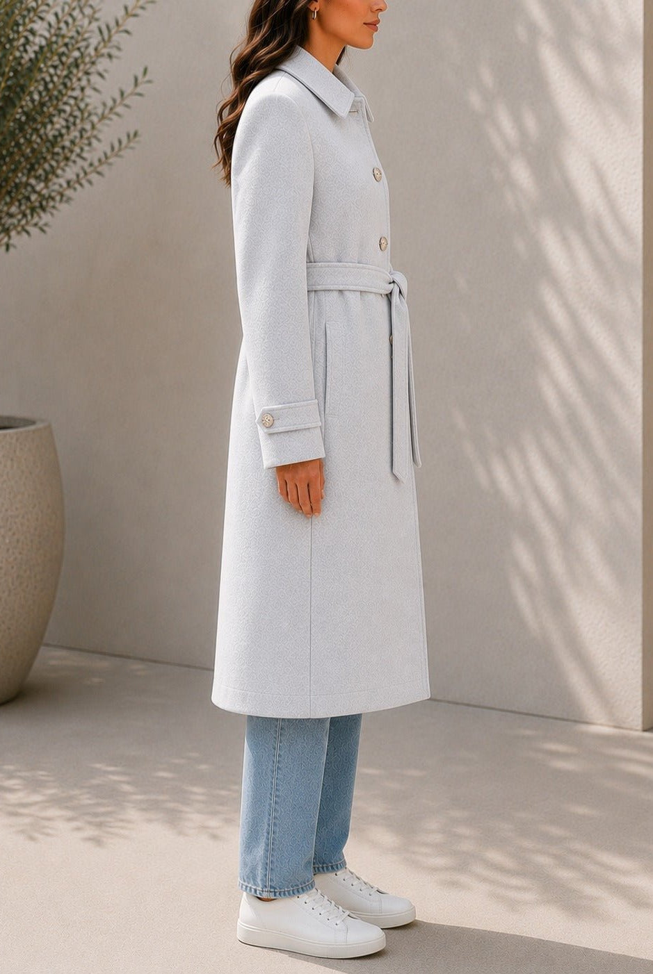 Ladies Oatmeal Pleated Button Detail Melton Coat - StylePhase SA