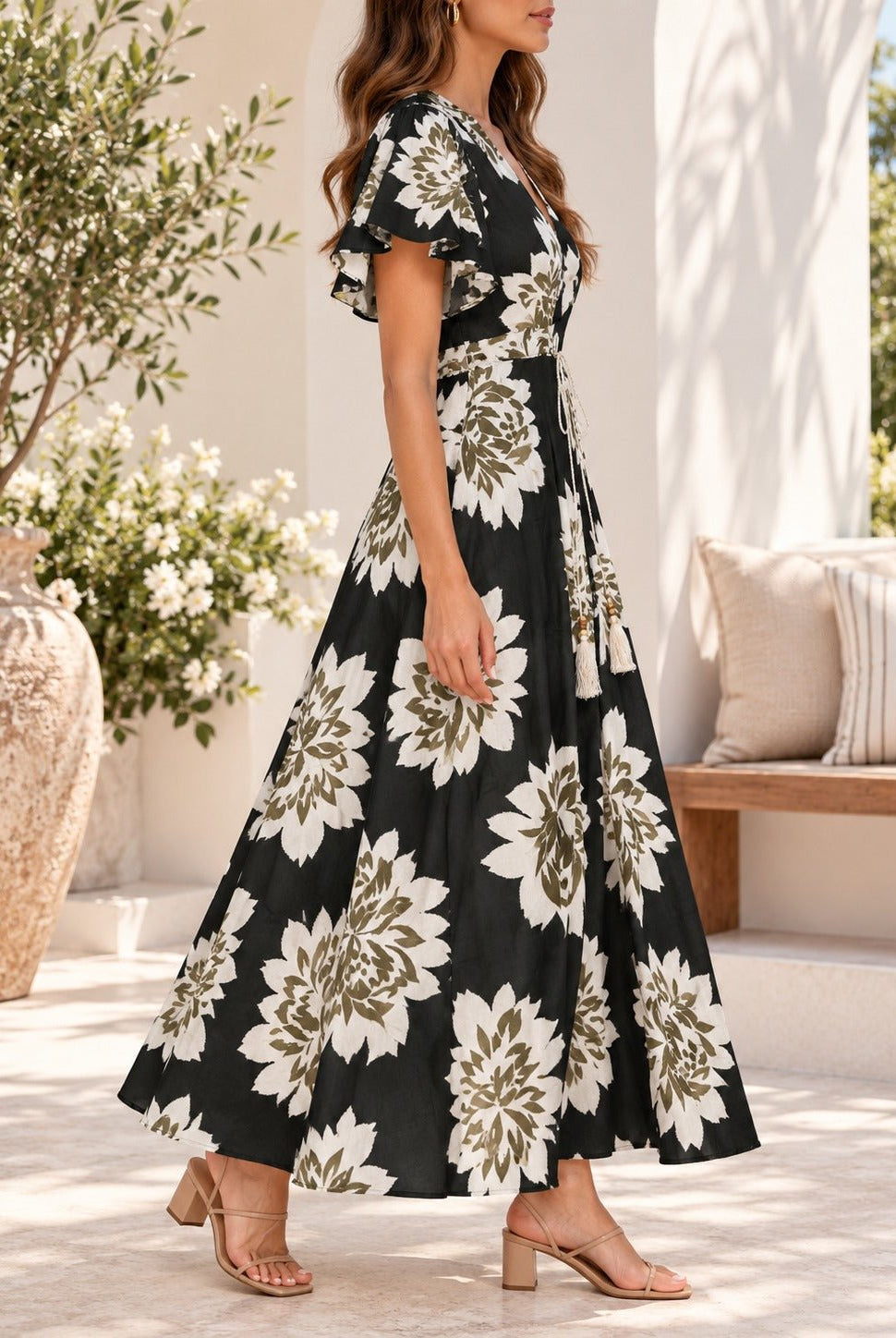 Ladies Olive Floral Tassel Tie-Waist Midi Dress - StylePhase SA