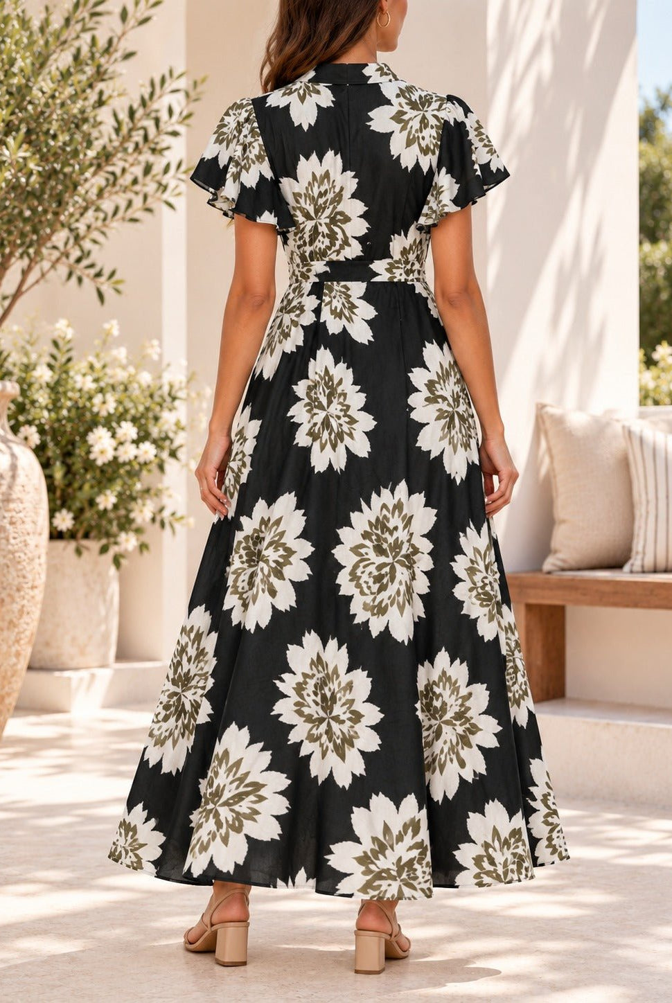 Ladies Olive Floral Tassel Tie-Waist Midi Dress - StylePhase SA