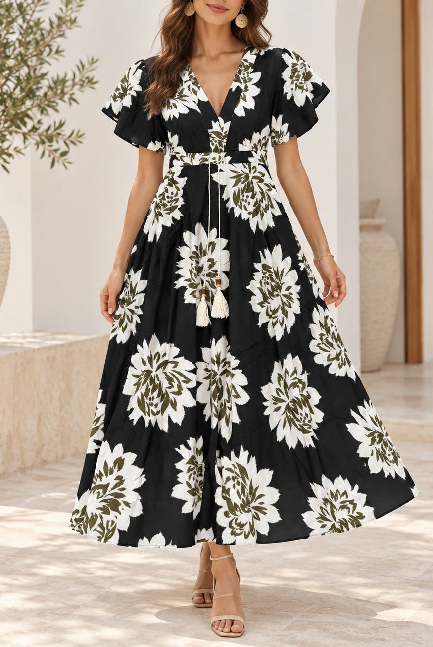 Ladies Olive Floral Tassel Tie-Waist Midi Dress - StylePhase SA