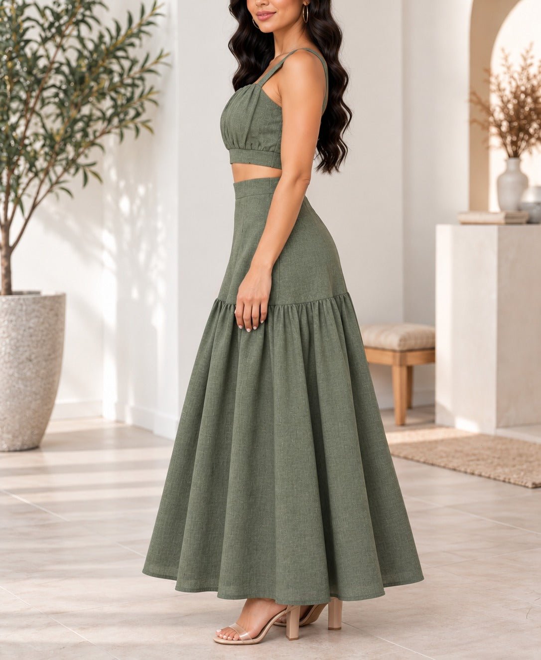 Ladies Olive Maxi Tier Two-Piece Set - StylePhase SA