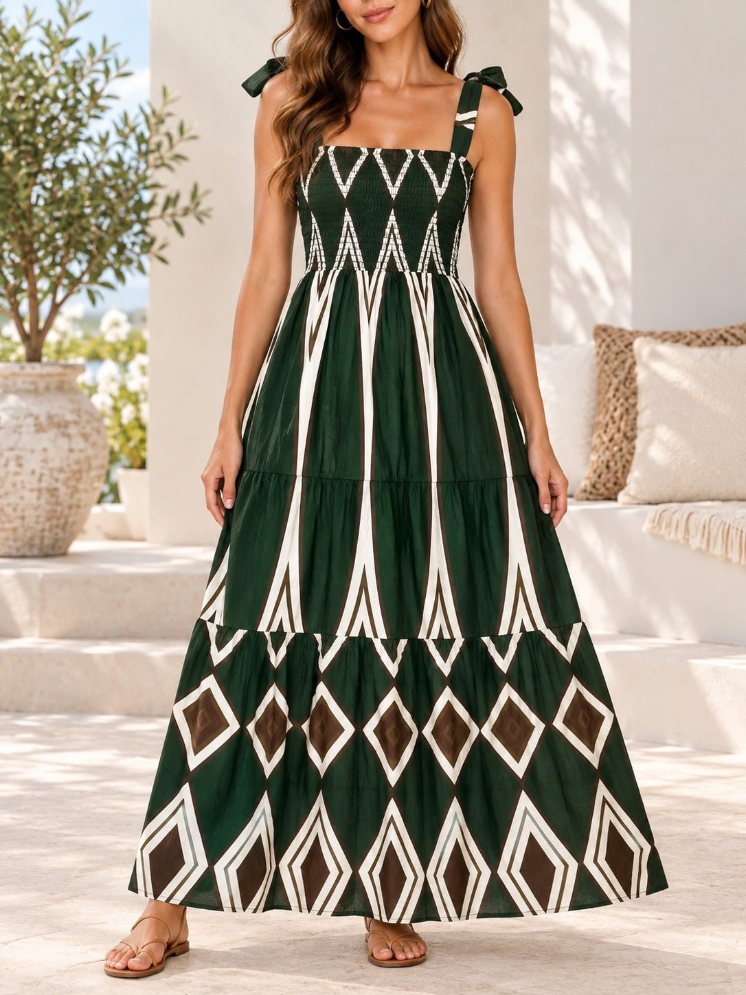 Ladies Olive Tie Strap Maxi Tier Dress - StylePhase SA