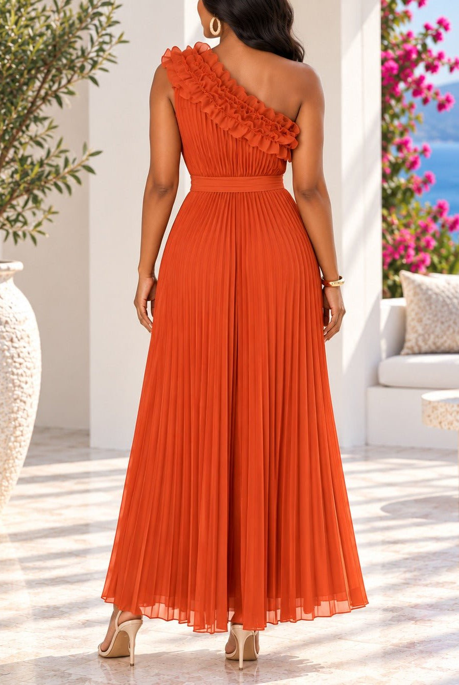 Ladies Orange Pleated Off Shoulder Dress - StylePhase SA