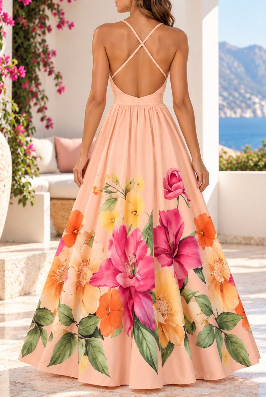 Ladies Peach Floral Deep V-Neck Maxi Dress - StylePhase SA