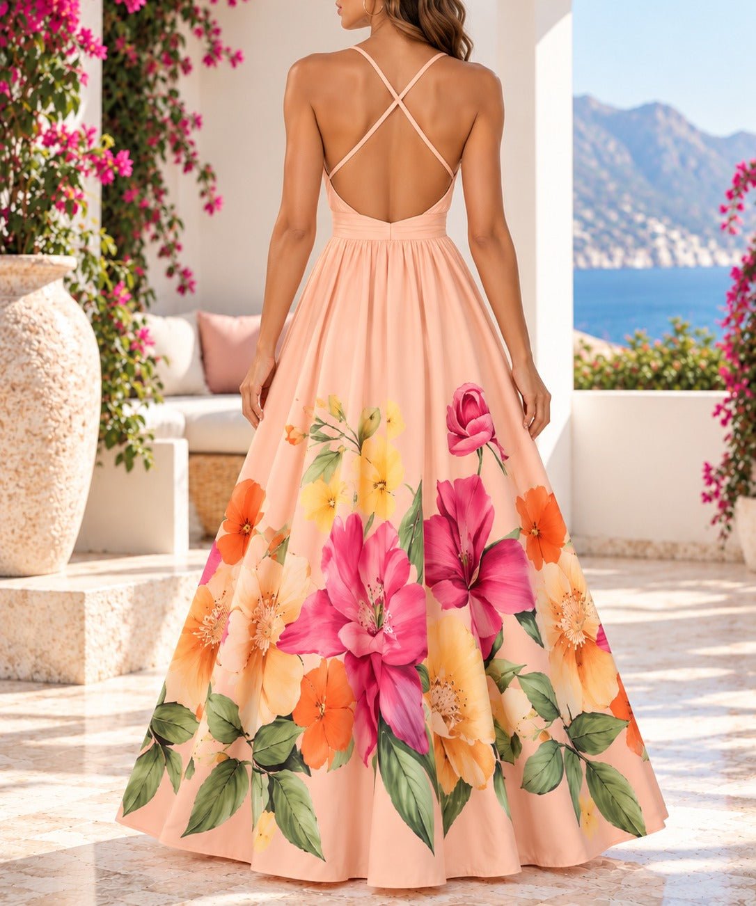 Ladies Peach Floral Deep V-Neck Maxi Dress - StylePhase SA