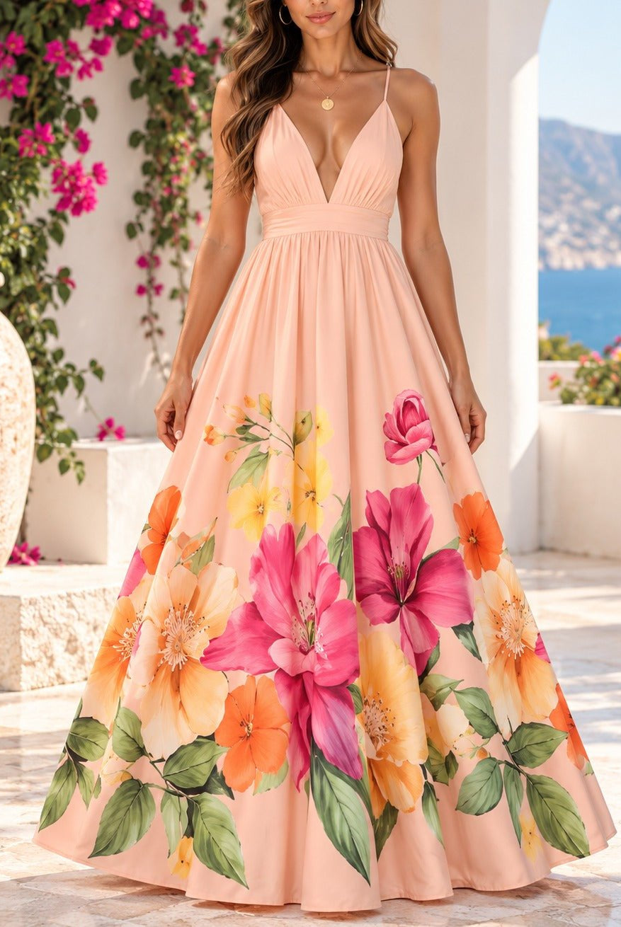 Ladies Peach Floral Deep V-Neck Maxi Dress - StylePhase SA