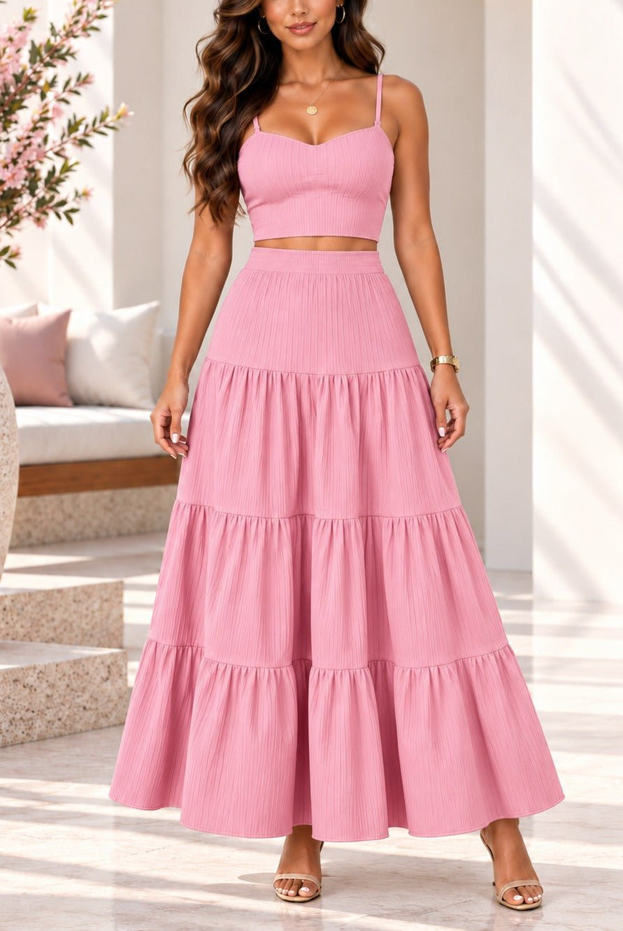 Ladies Pink Crop Cami And Tiered Maxi Skirt - StylePhase SA