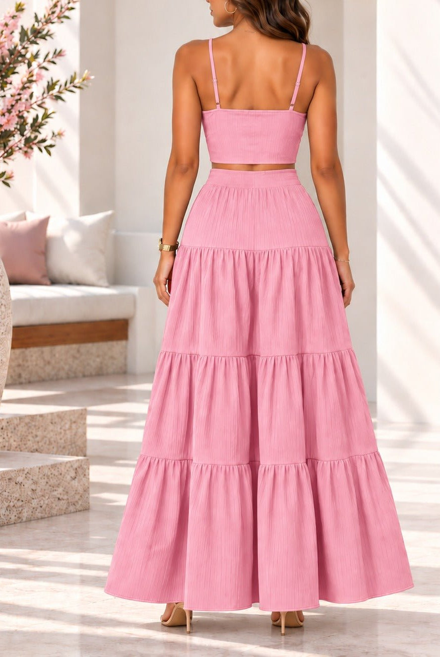 Ladies Pink Crop Cami And Tiered Maxi Skirt - StylePhase SA