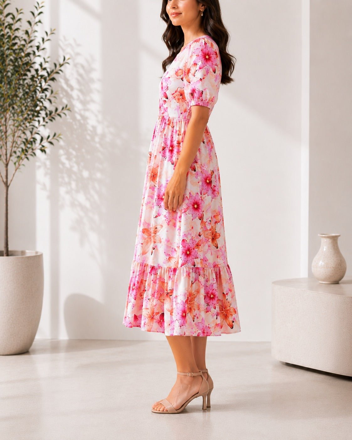 Ladies Pink Floral Midi Tier Dress - StylePhase SA