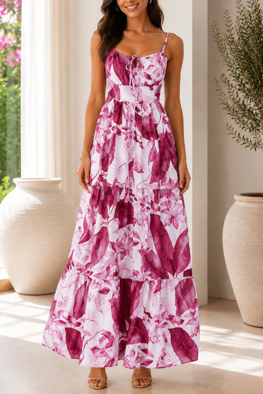 Ladies Pink Floral Print Tie Front Maxi Dress - StylePhase SA