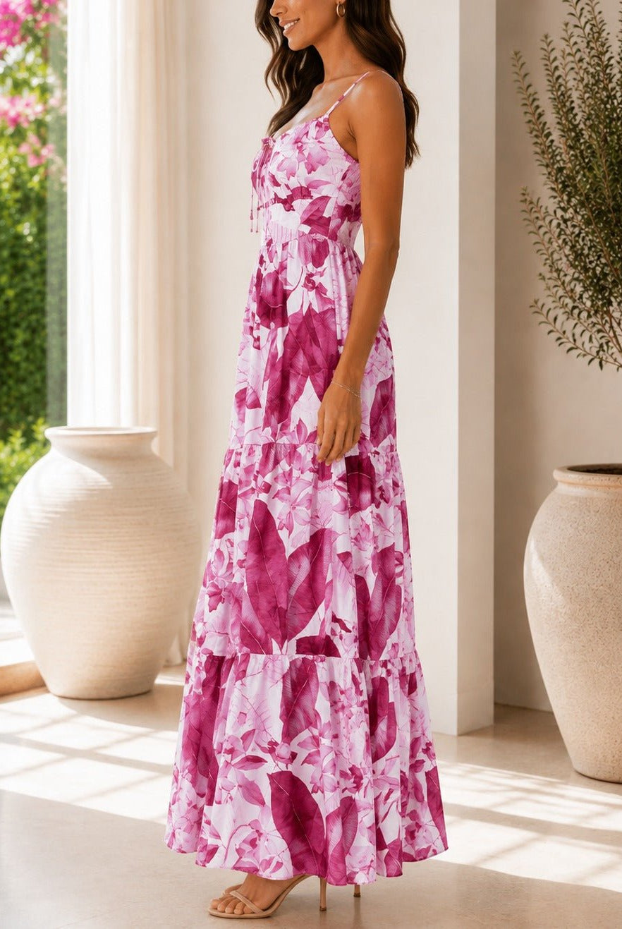 Ladies Pink Floral Print Tie Front Maxi Dress - StylePhase SA