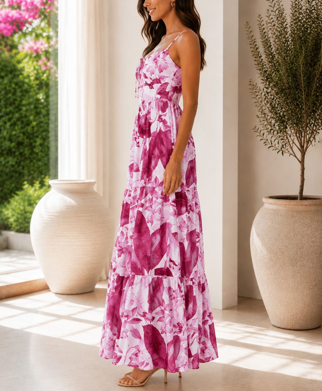 Ladies Pink Floral Print Tie Front Maxi Dress - StylePhase SA