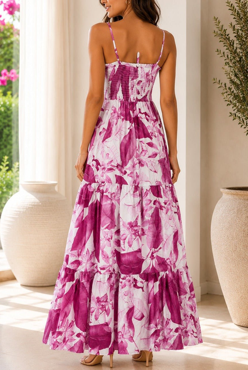 Ladies Pink Floral Print Tie Front Maxi Dress - StylePhase SA