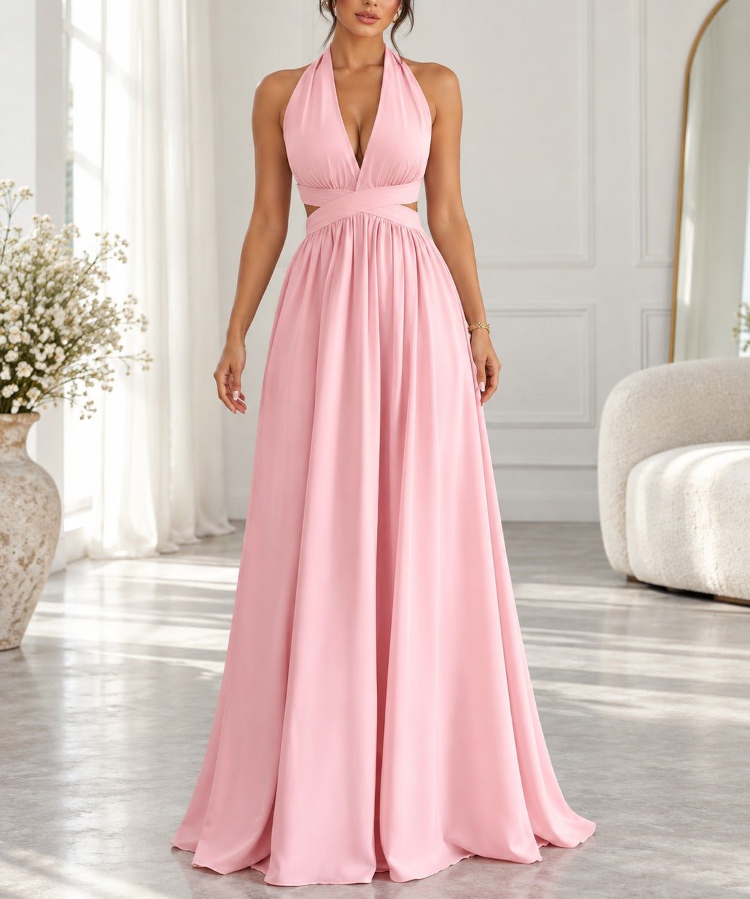 Ladies Pink Halter Neck Maxi Dress - StylePhase SA