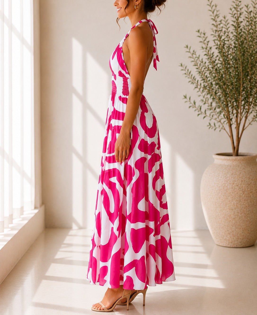 Ladies Pink Halter Neck Printed Maxi Dress - StylePhase SA