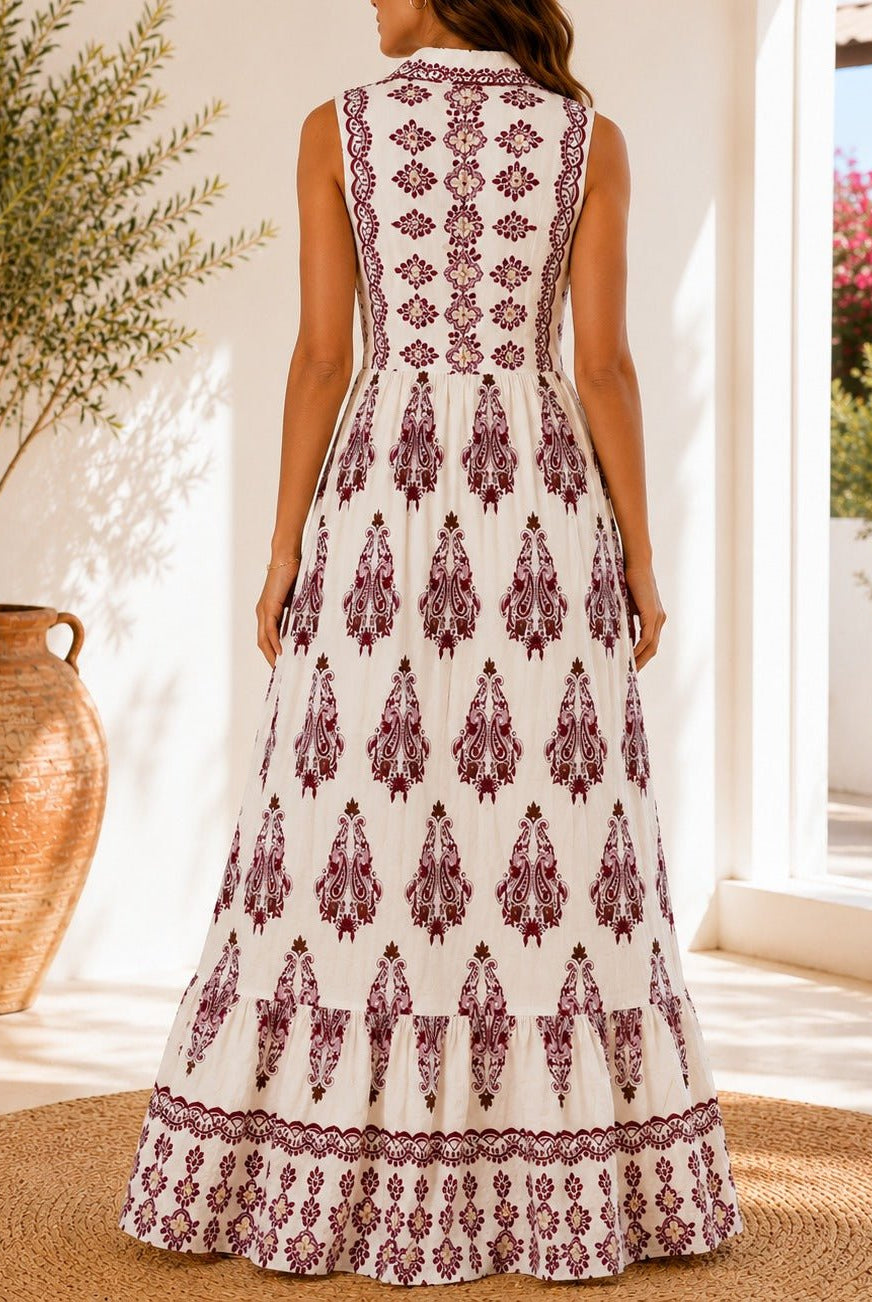 Ladies Red And Cream Sleeveless Paisley Print Maxi Dress - StylePhase SA