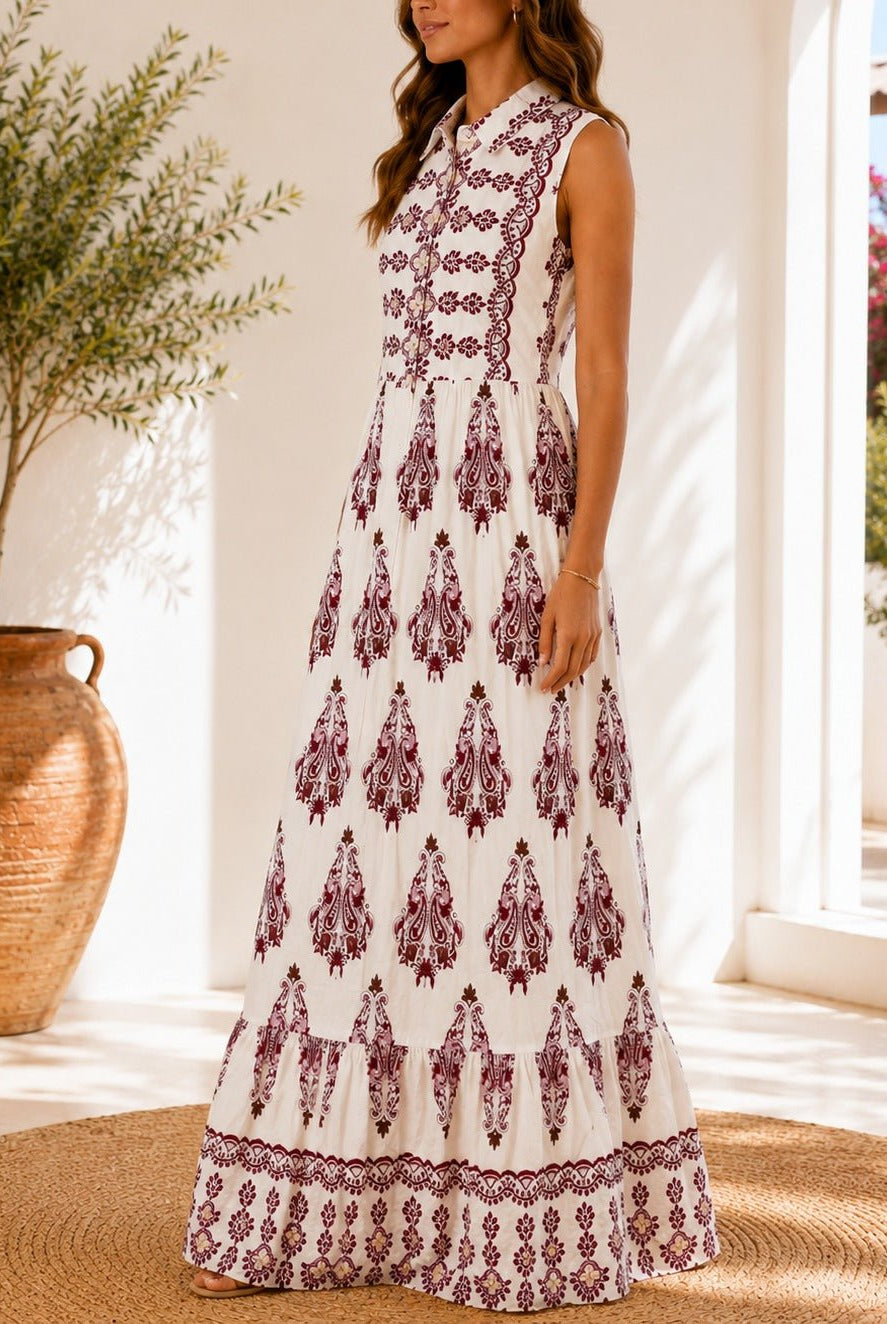Ladies Red And Cream Sleeveless Paisley Print Maxi Dress - StylePhase SA
