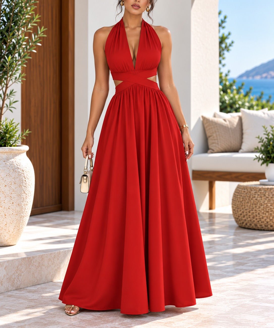 Ladies Red Halter Neck Maxi Dress - StylePhase SA