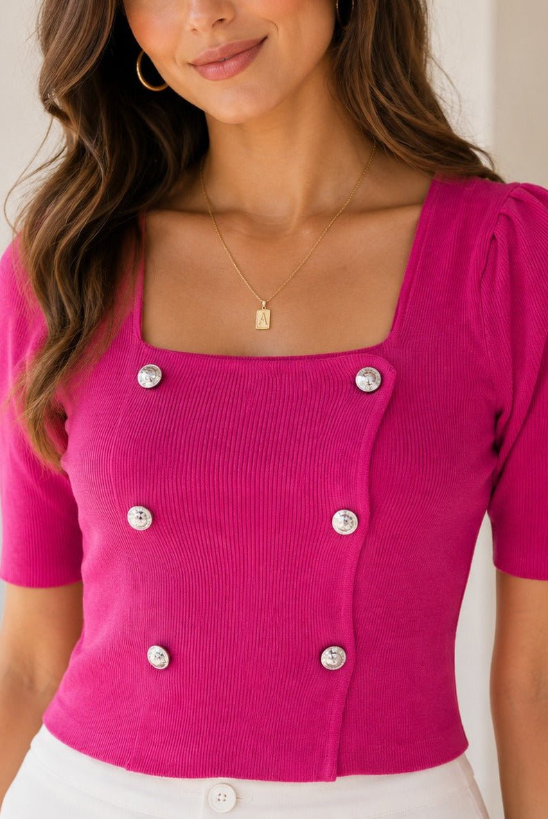 Ladies Rib Cerise Button Front Top - StylePhase SA