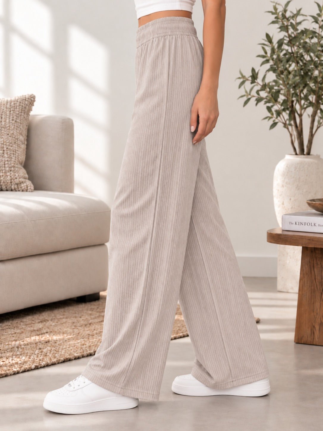 Ladies Rib Wide Leg Pants-Beige - StylePhase SA