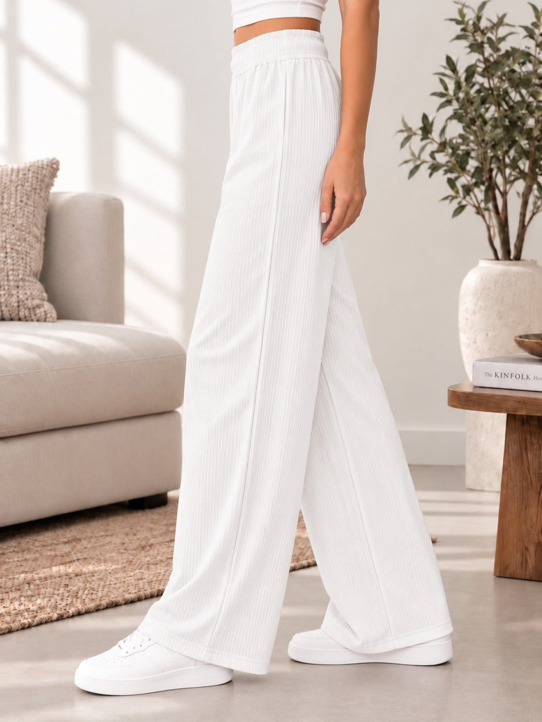 Ladies Rib Wide Leg Pants-White - StylePhase SA