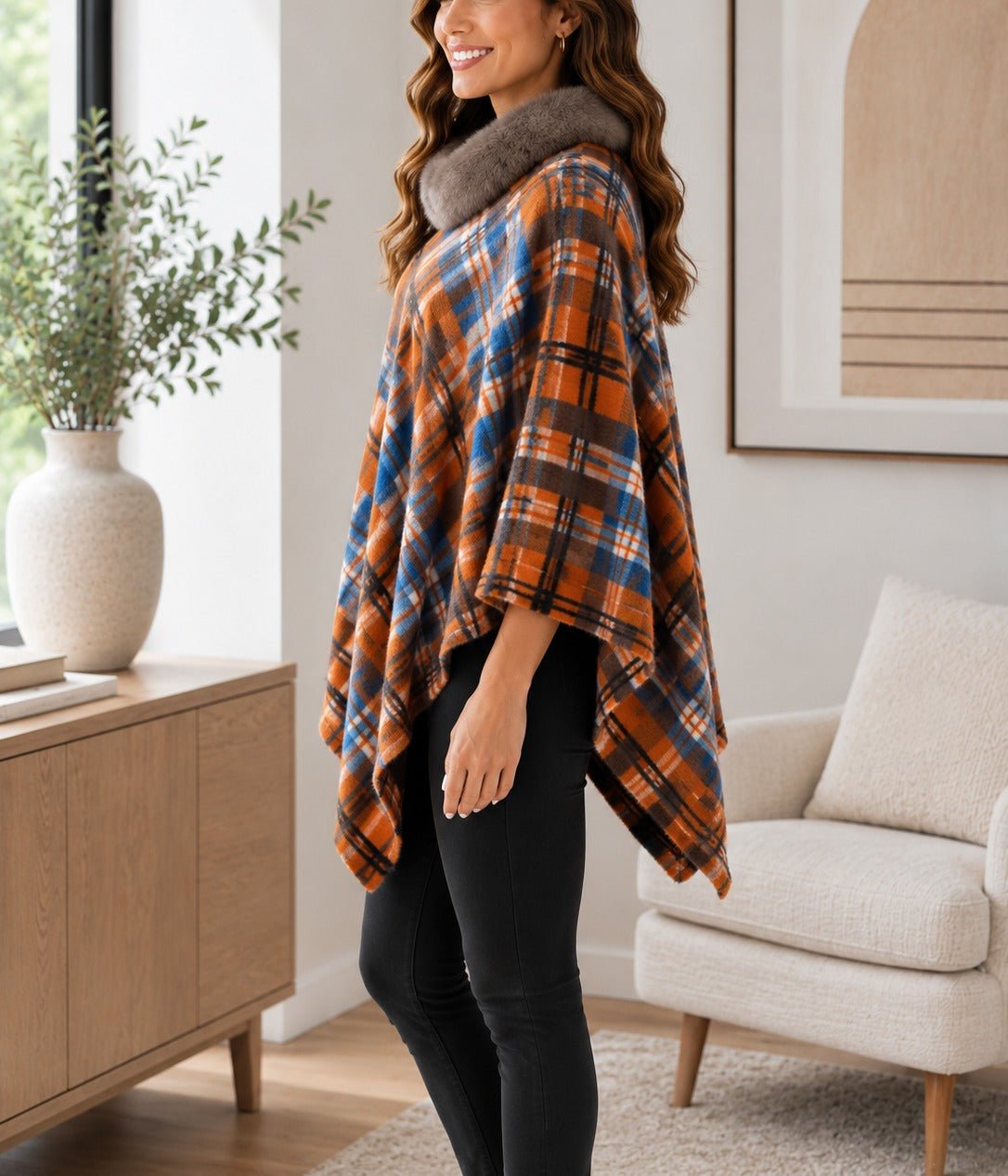 Ladies Rust Plaid Fur Collar Poncho - StylePhase SA