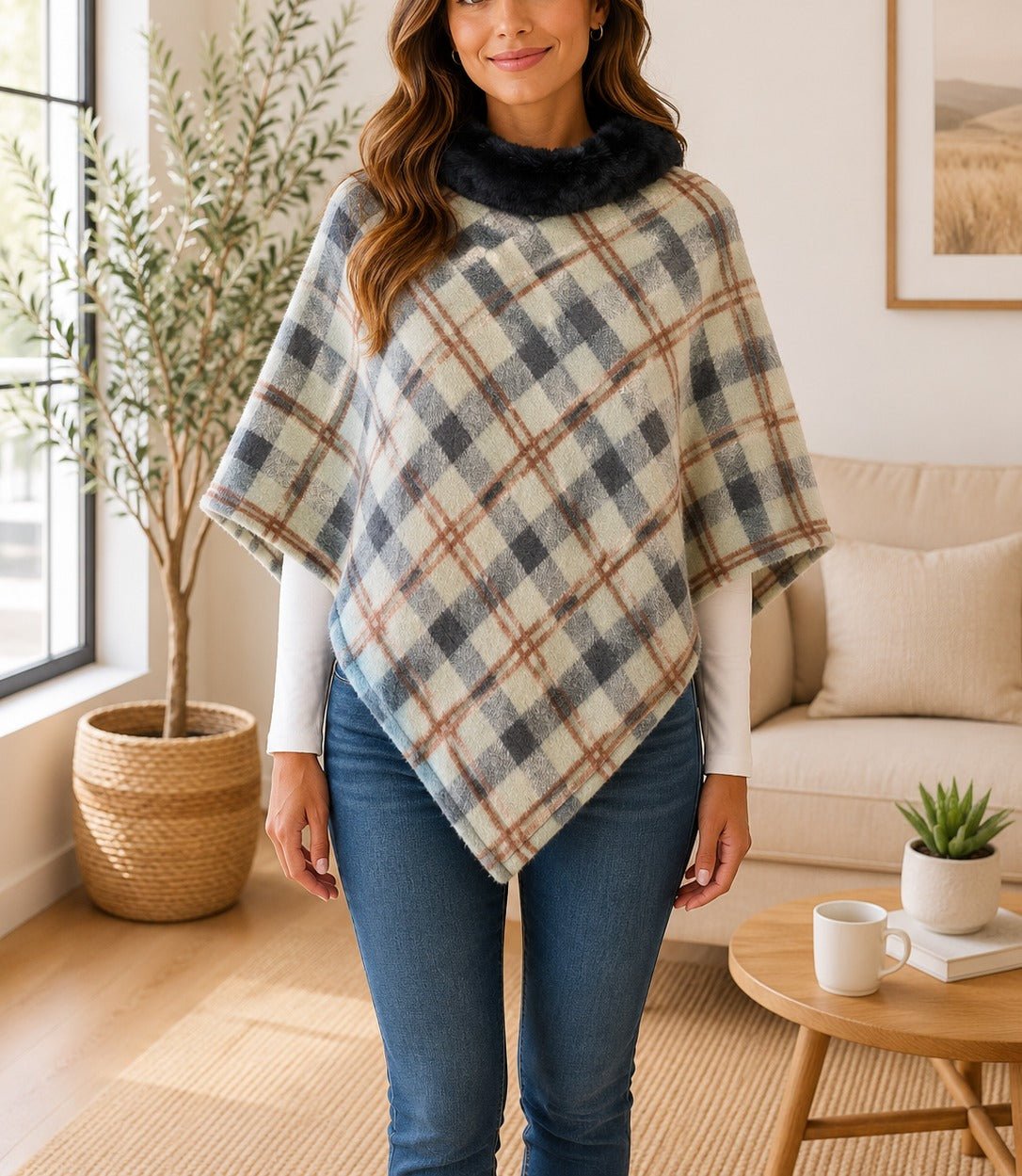 Ladies Sage Fur Collar Poncho - StylePhase SA