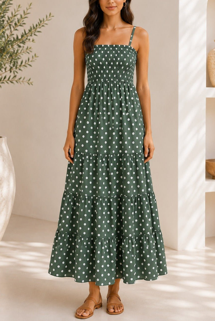 Ladies Strappy Green Polka Dot Tiered Dress - StylePhase SA