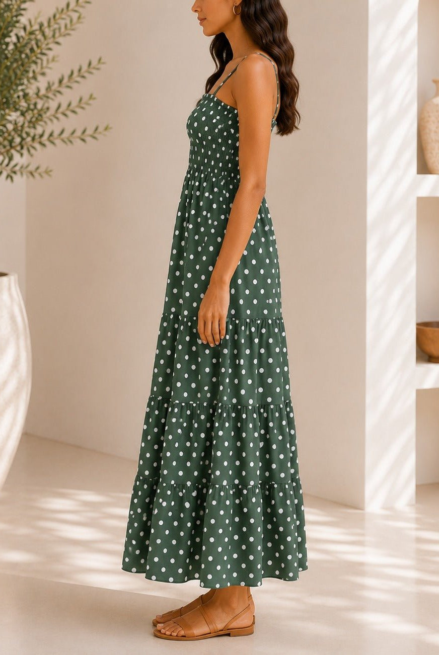 Ladies Strappy Green Polka Dot Tiered Dress - StylePhase SA