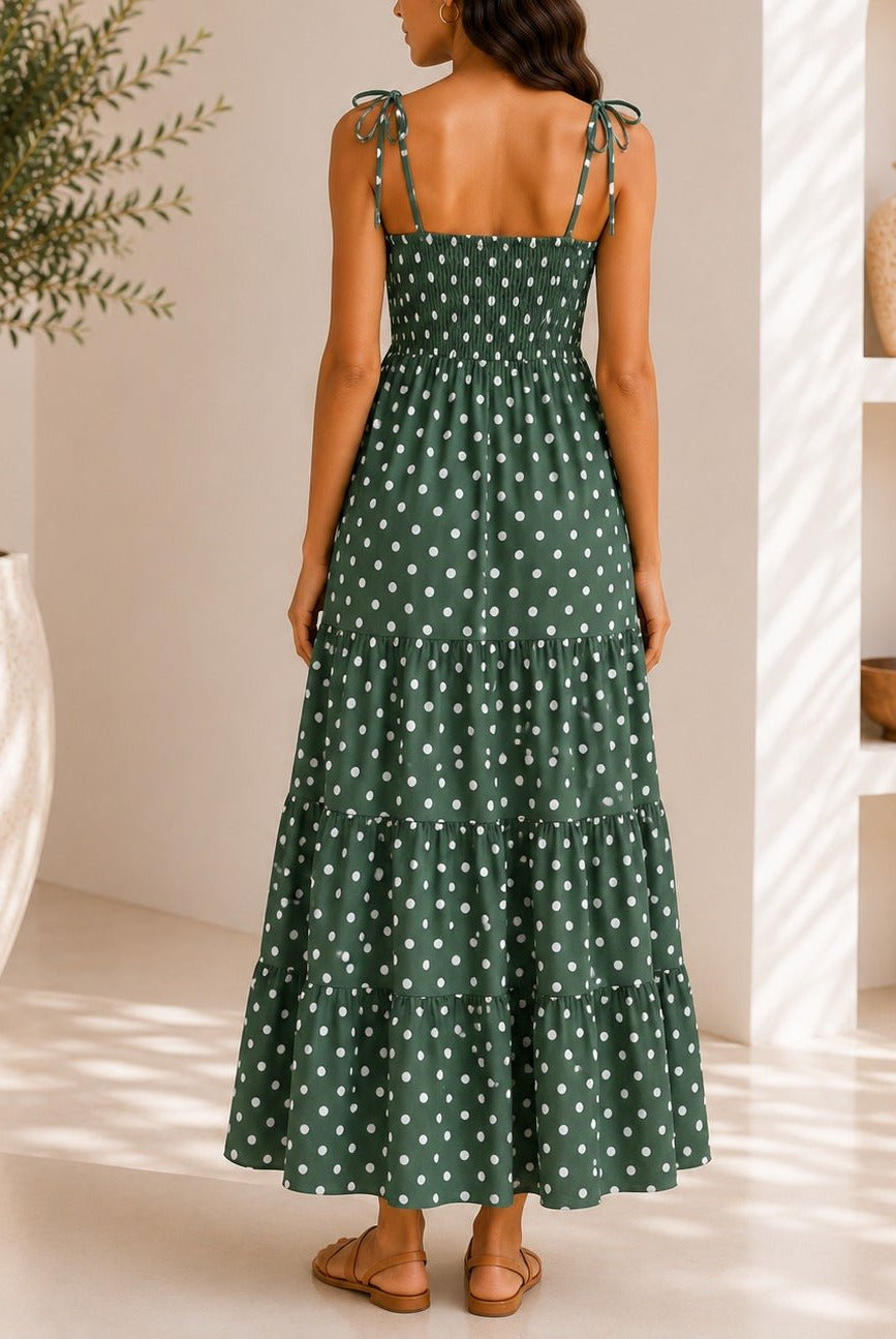 Ladies Strappy Green Polka Dot Tiered Dress - StylePhase SA