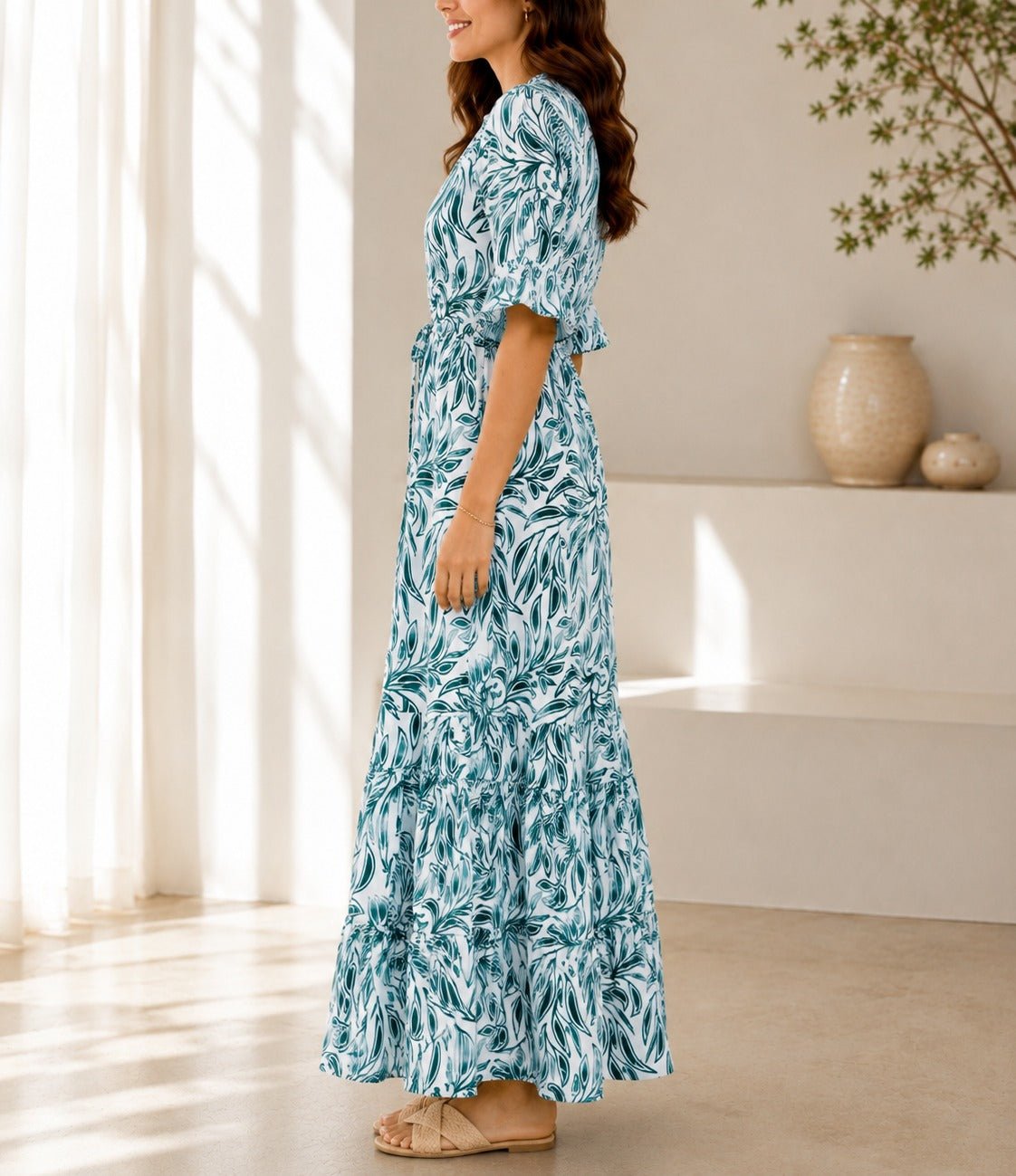 Ladies Teal Leaf Print Ruffle Sleeve Dress - StylePhase SA