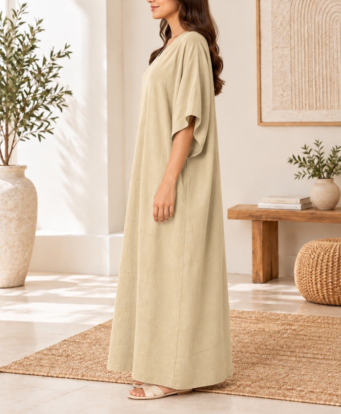 Ladies V-neck Kaftan -Beige - StylePhase SA