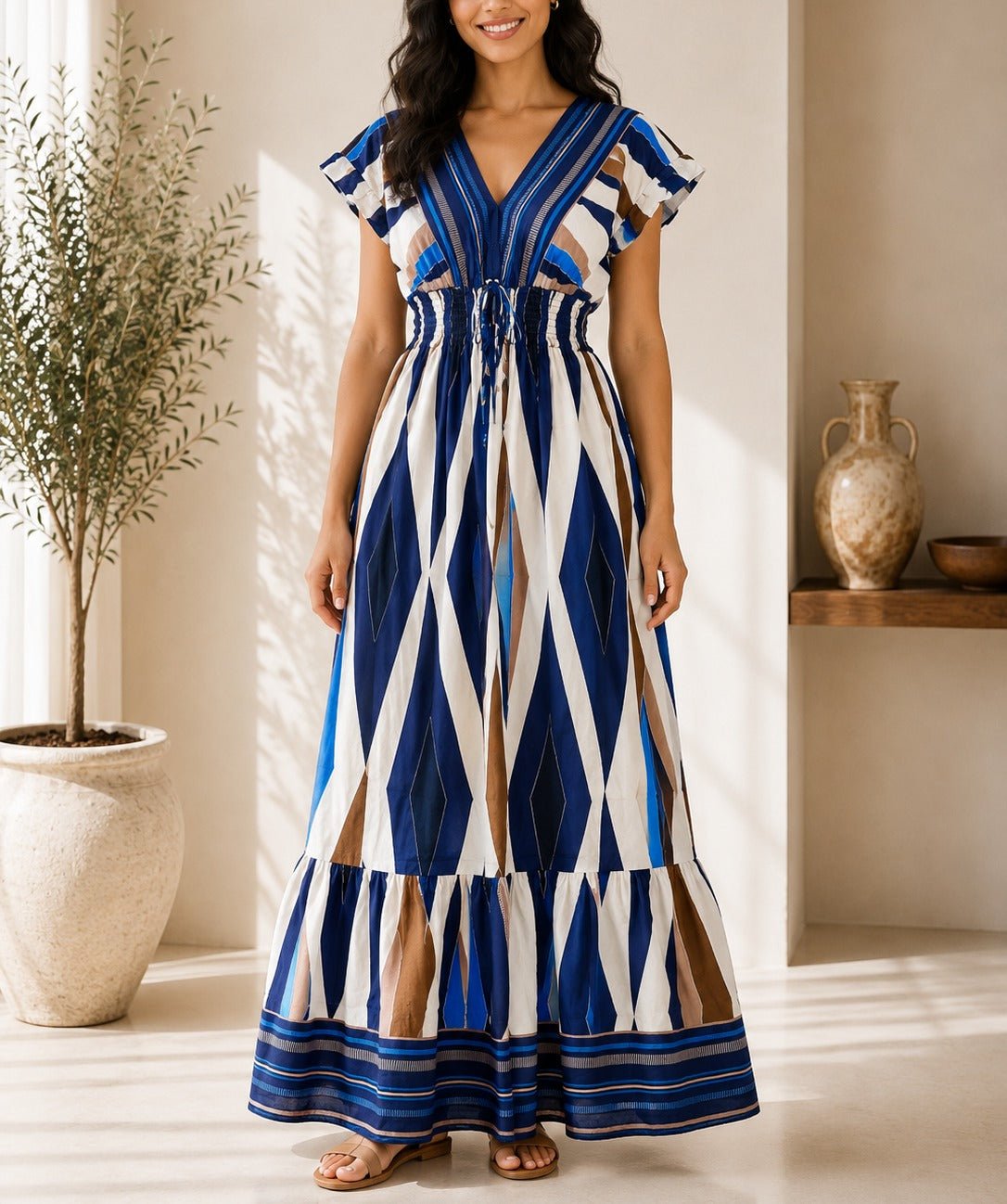 Ladies V Neck Maxi Dress -Blue - StylePhase SA