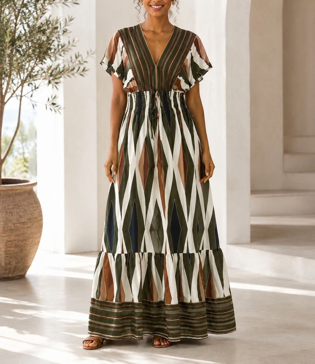 Ladies V Neck Maxi Dress -Olive - StylePhase SA