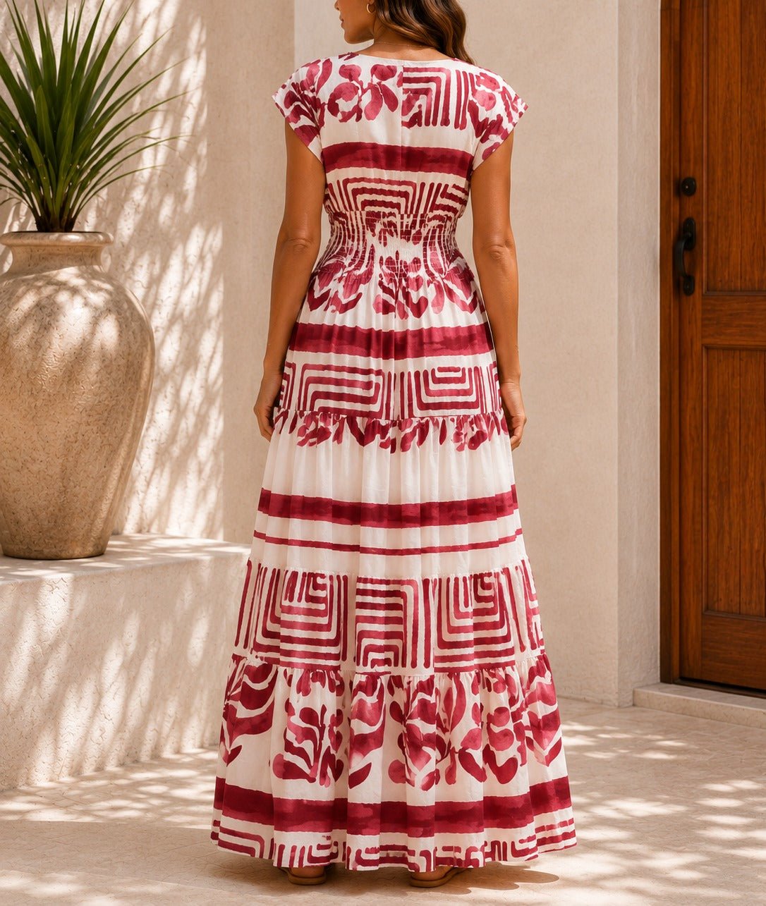 Ladies White And Maroon Patterned Tiered Maxi Dress - StylePhase SA
