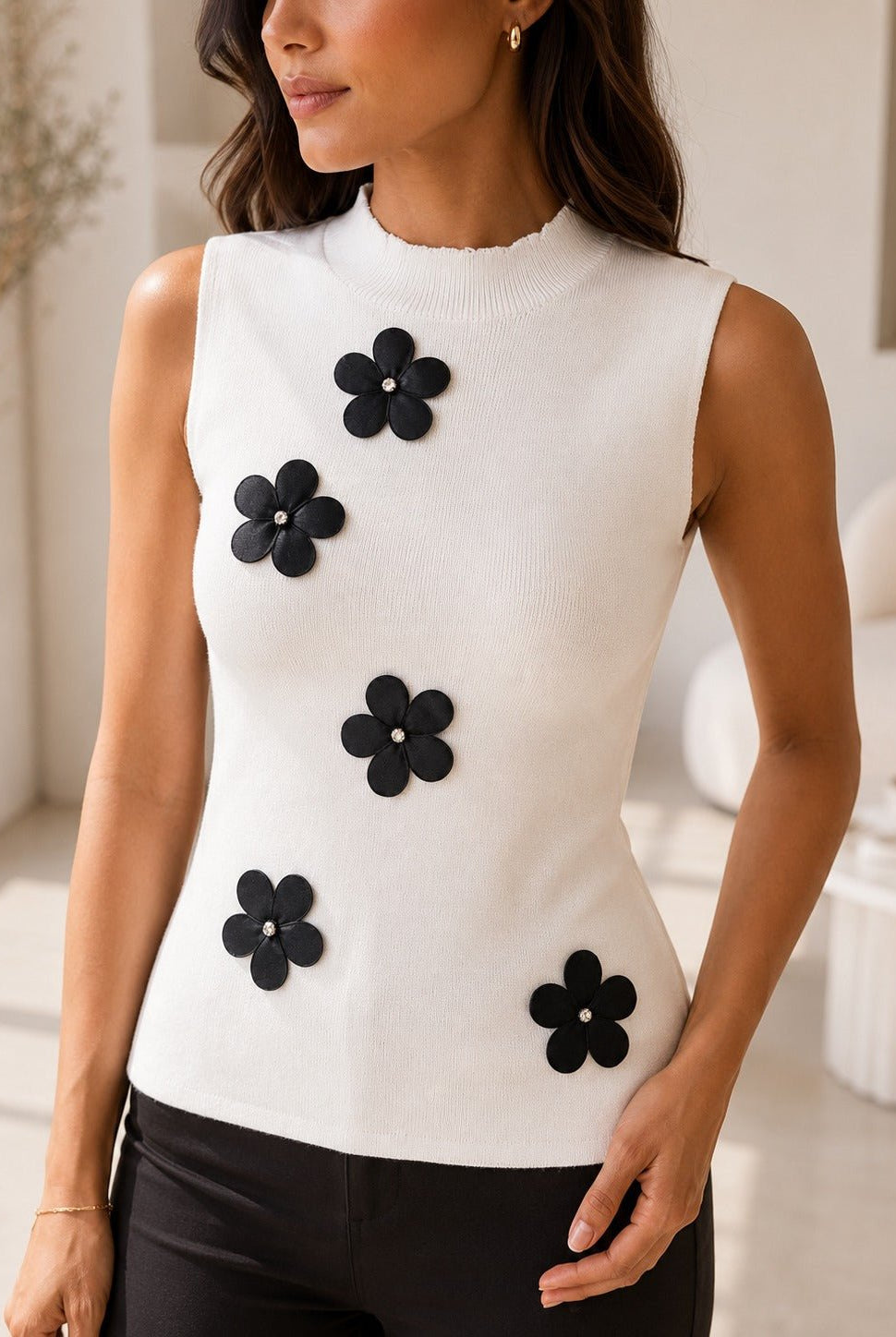 Ladies White Sleeveless Knitwear 3D Flower Top - StylePhase SA