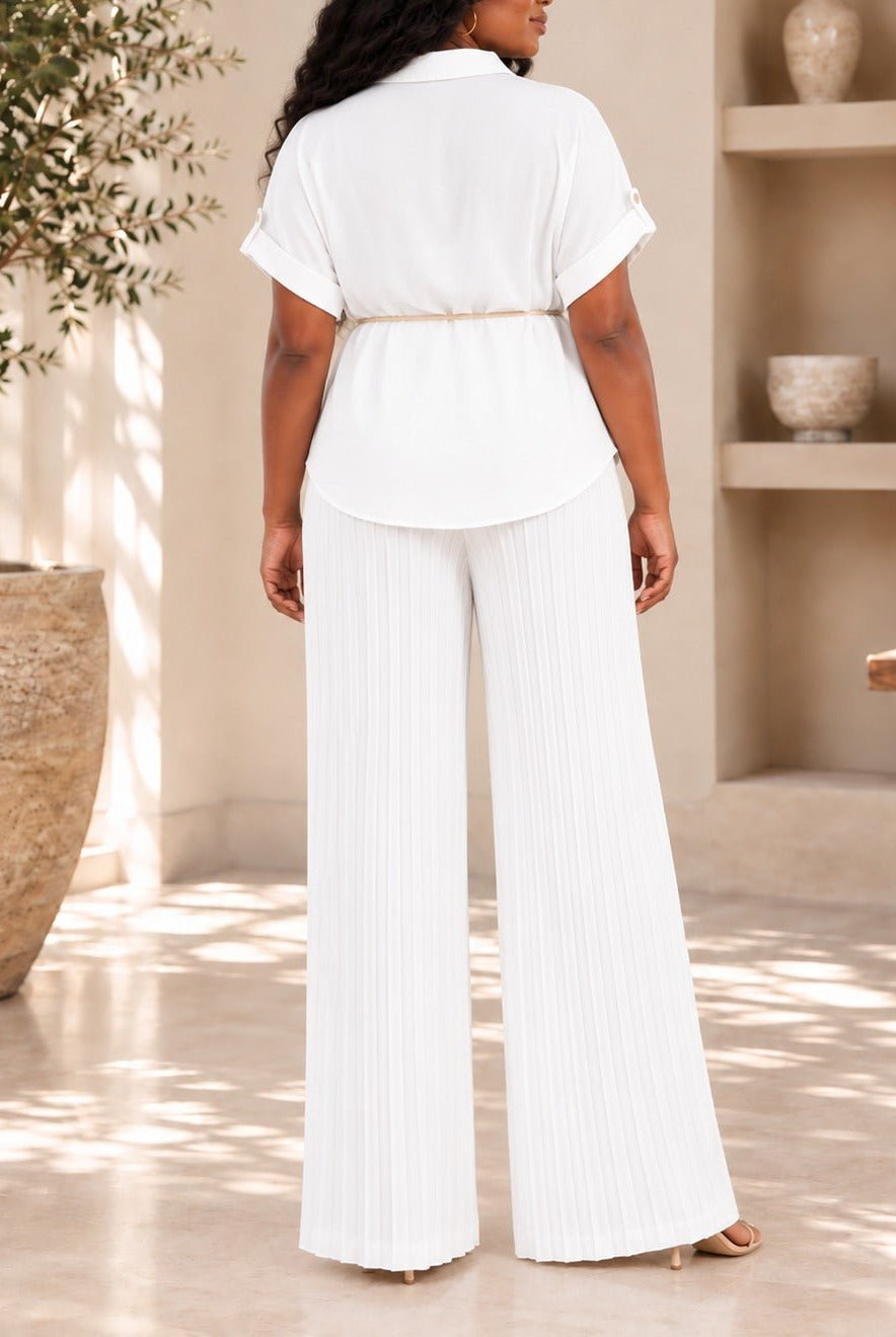 Ladies White Tassel Tie Pleated Two-Piece Set - StylePhase SA