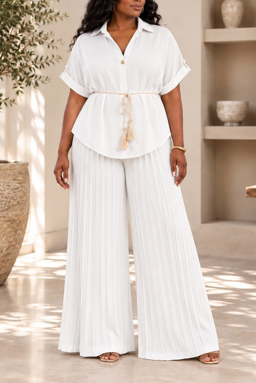 Ladies White Tassel Tie Pleated Two-Piece Set - StylePhase SA