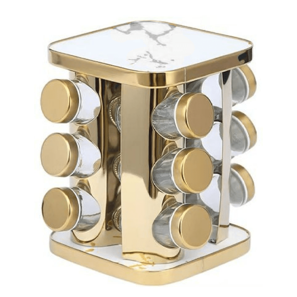 12+1 Glass & Plastic Spice Rack - Gold & White Marble - Home Phase