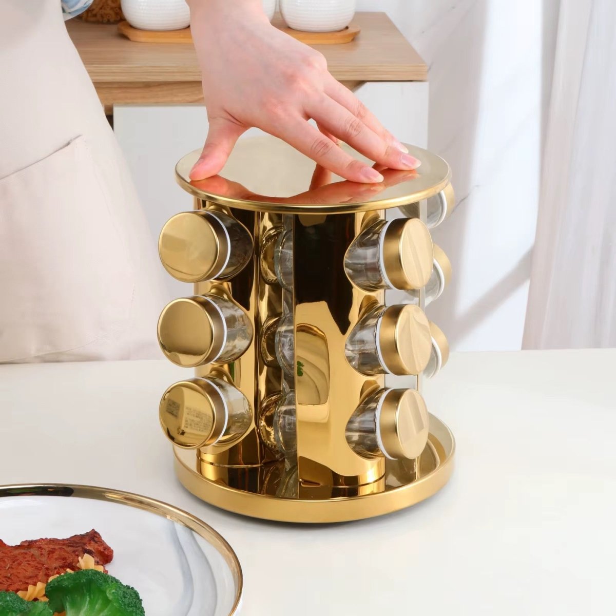 360 Rotating Gold Glass Spice Rack - 12 Jars - Home Phase