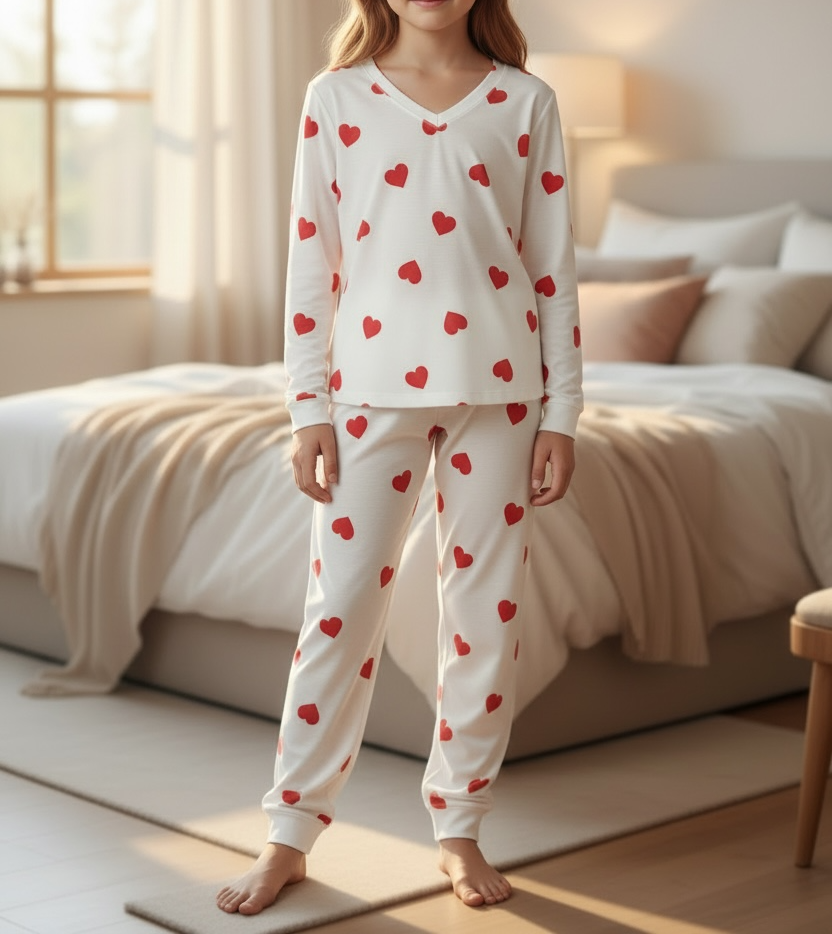 Girls White Heart Print Pyjama – Forever Sleepy
