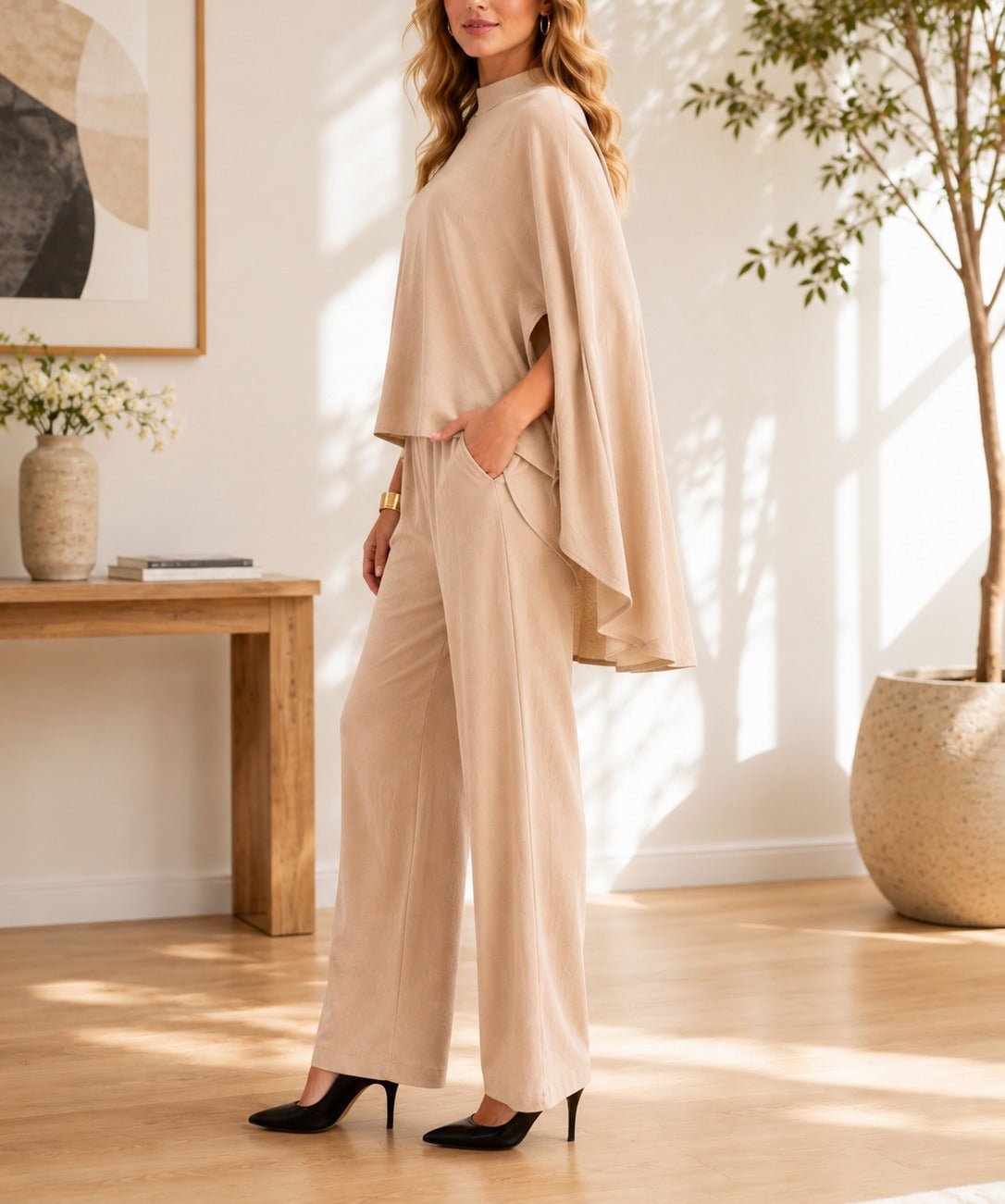 Beige Cape Sleeve Pants Two Piece Set- New Feeling - StylePhase SA