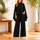 Black Cape Sleeve Pants Two Piece Set- New Feeling - StylePhase SA